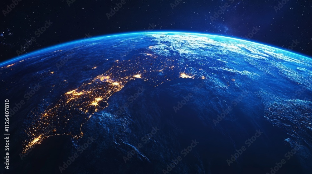 Fototapeta premium Ultra detailed, photorealistic view of Earth from space showing the curvature of the planet with dense cloud formations swirling over the Pacific Ocean