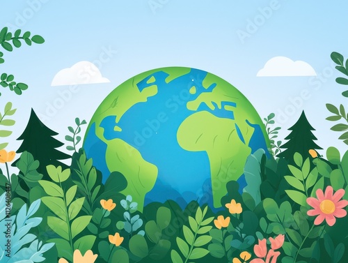 Cartoon Earth with Green Leaves and Flowers Highlighting Sustainability Nature and Eco-Friendly Earth Day Awareness photo