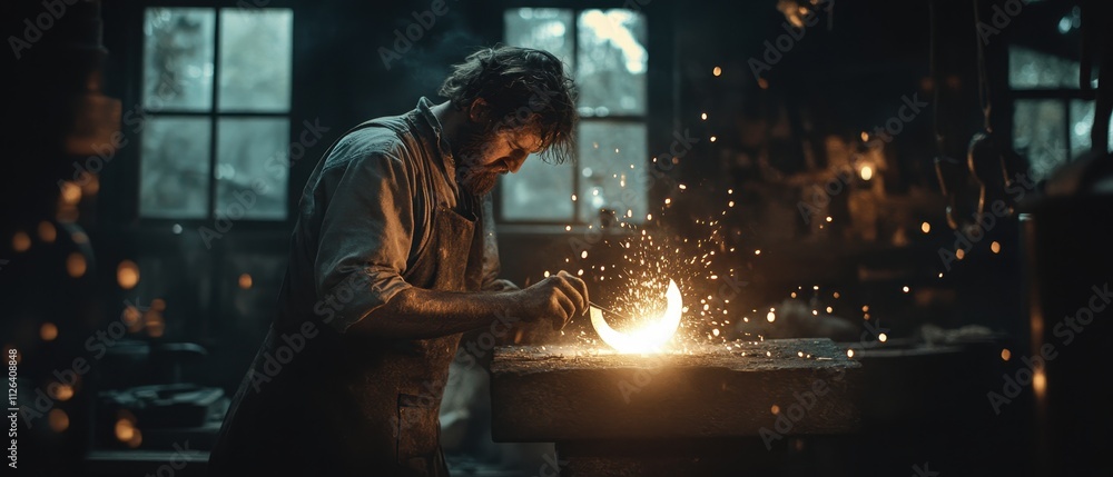 Crafting a glowing metal crescent in a dimly lit blacksmith workshop at night Crafting a glowing metal crescent in a dimly lit blacksmith workshop at night