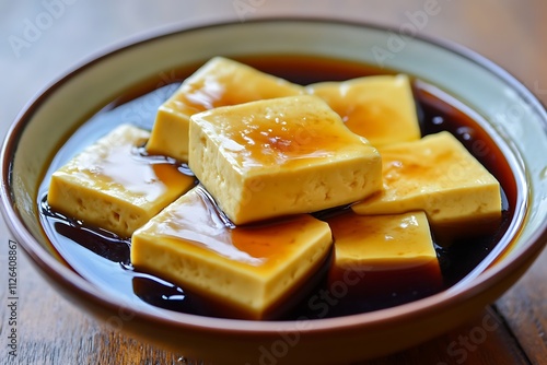 Tofu with brown sugar sauce in a bowl