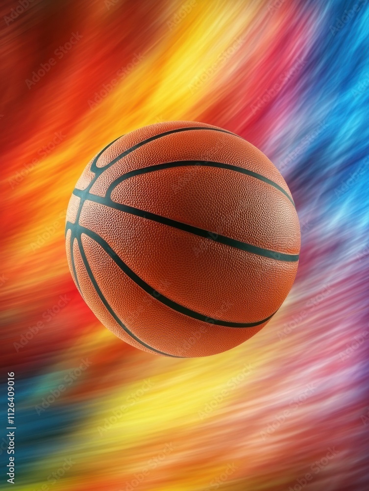 Fototapeta premium A basketball is frozen in mid-air, highlighted by a colorful court filled with hues of blue, red, and yellow, perfect for action shots. Generative AI