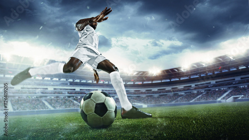 Low angle view of soccer player in white in motion on field, taking control of match. 3D render of open air arena. Dynamic evening match. Concept of sport, tournament, competition, game event photo