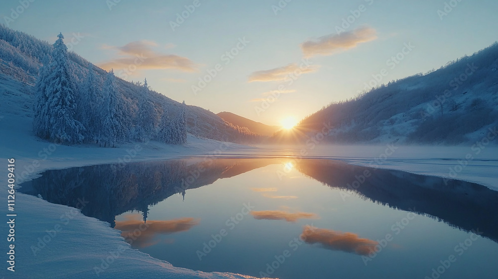 Fototapeta premium Winter mountains at sunrise. Amazing snowy nature landscape in sunlight. Scenery mountain clean icy lake in the morning