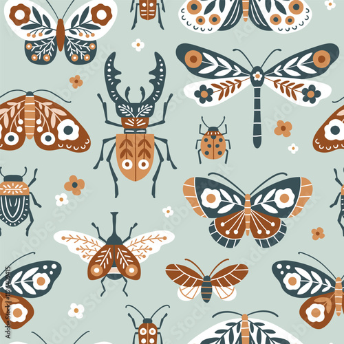 Seamless vector pattern with hand drawn butterfly, moth, dragonfly, ladybug and stag beetle. Cute patterned insect illustration. Perfect for textile, wallpaper or print design. EPS10 vector file.