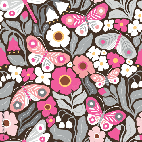 Wallpaper Mural Seamless vector pattern with hand drawn butterfly, dragonfly on floral background. Modern boho floral illustration. Perfect for textile, wallpaper or nursery print design. EPS10 vector file. Torontodigital.ca