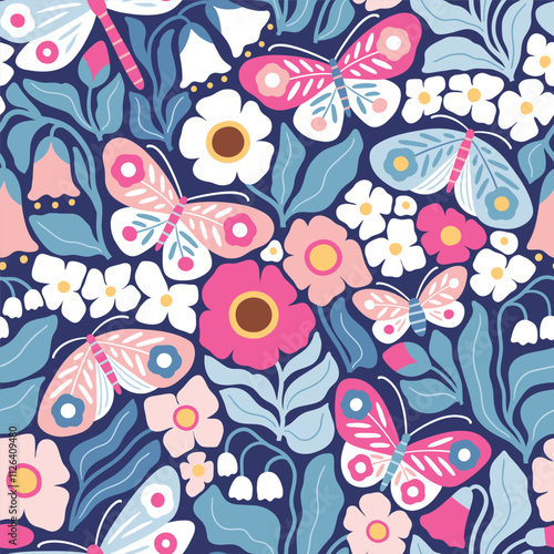 Seamless vector pattern with hand drawn butterfly, dragonfly on floral background. Modern boho floral illustration. Perfect for textile, wallpaper or nursery print design. EPS10 vector file.