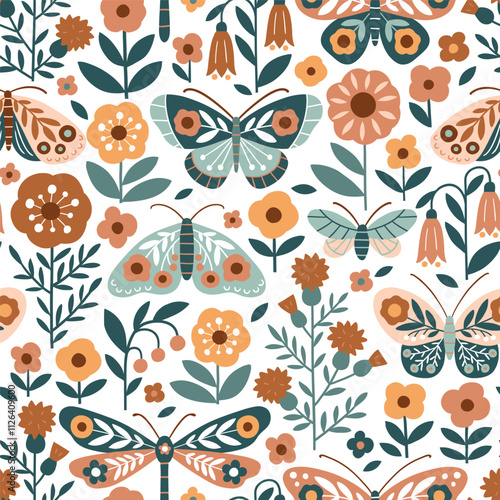 Seamless vector pattern with hand drawn butterfly, dragonfly on floral background. Modern boho floral illustration. Perfect for textile, wallpaper or nursery print design. EPS10 vector file.