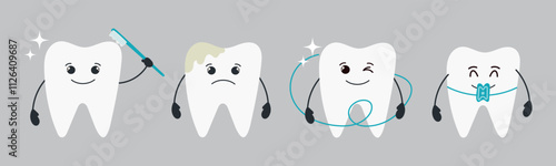 Cute set of teeth with different emotions. Different conditions of teeth.