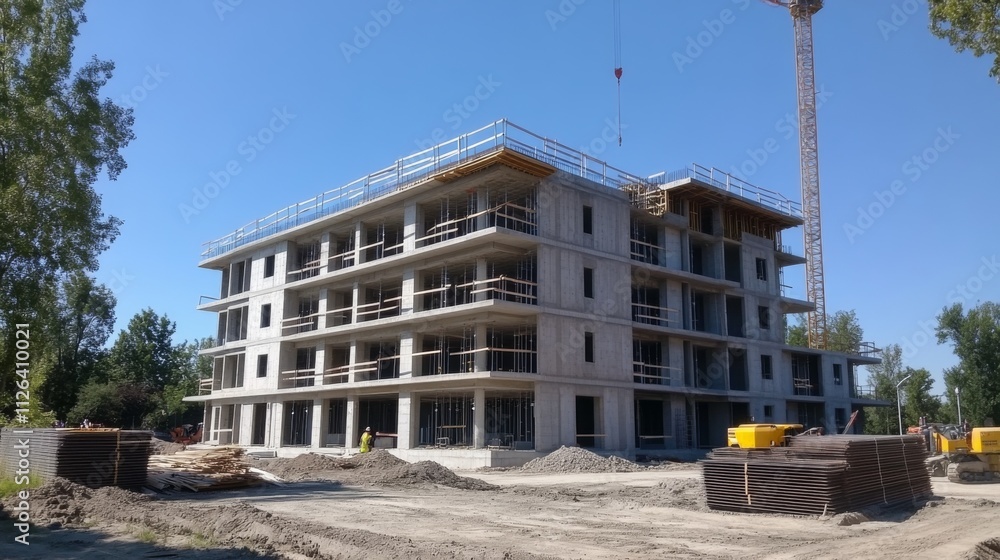 Partially constructed modern building on a sunny day with urban surroundings Partially constructed modern building on a sunny day with urban surroundings