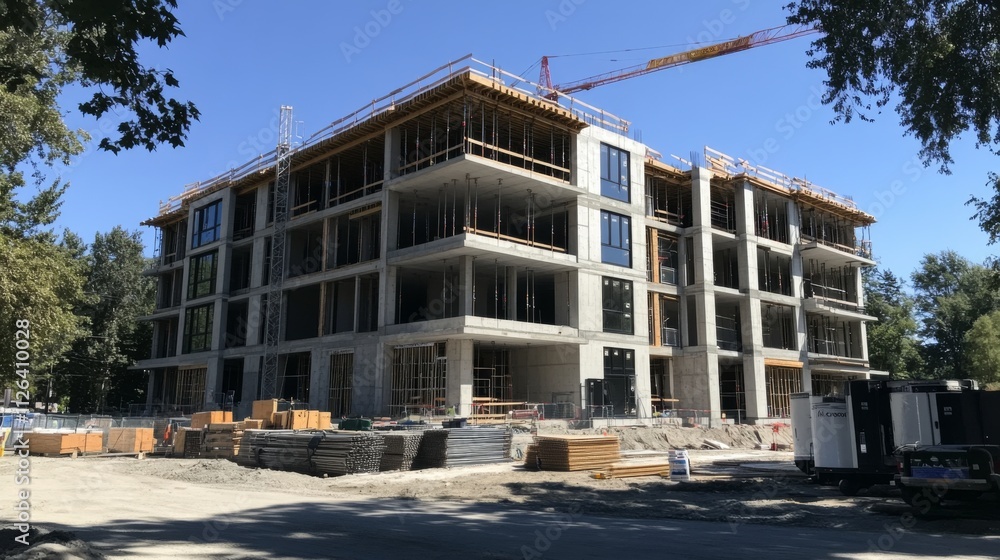Modern apartment building under construction with scaffolding and crane in urban area Modern apartment building under construction with scaffolding and crane in urban area