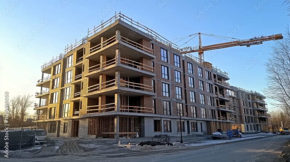 Evening image of a modern apartment building under construction Evening image of a modern apartment building under construction