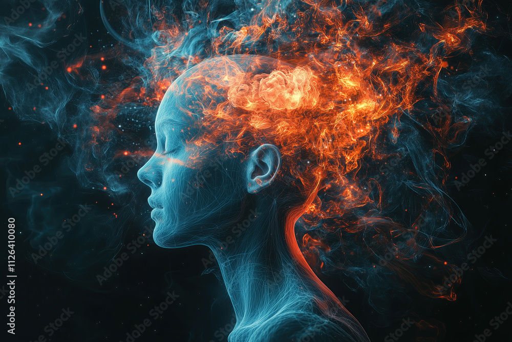 Glowing head profile with the brain highlighted in flames, surrounded by smoke and sparks against an abstract dark background. Glowing head profile with the brain highlighted in flames, surrounded by smoke and sparks against an abstract dark background.