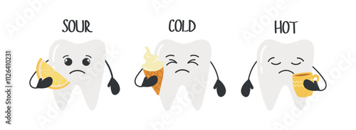Cartoon teeth with lemon, ice cream and hot drink, indicate tooth sensitivity.