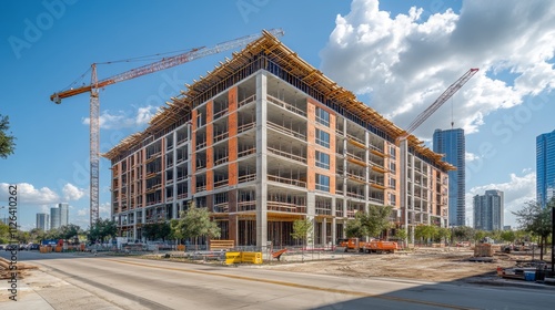 Construction area with workers building a residential complex