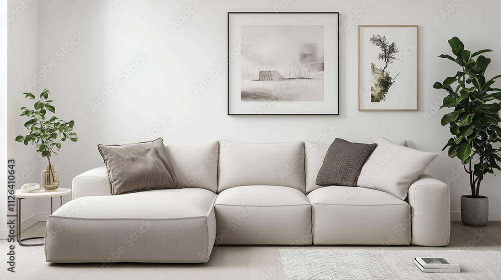 Fototapeta premium White Sofa Against White Wall with Bright Accents - Modern Living Room Mockup