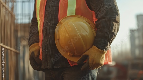 Construction worker holding yellow hard hat, wearing safety vest and gloves on construction site