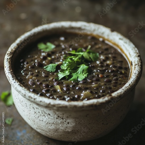 delicious black lentil soup with fresh herbs