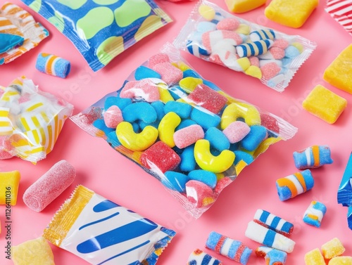 Freeze-dried candy with colorful sweets and trendy packaging in a modern snack scene photo