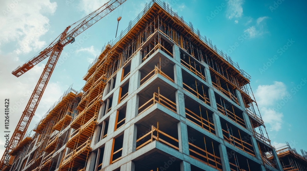 Modern high-rise building under construction with cranes and scaffolding Modern high-rise building under construction with cranes and scaffolding