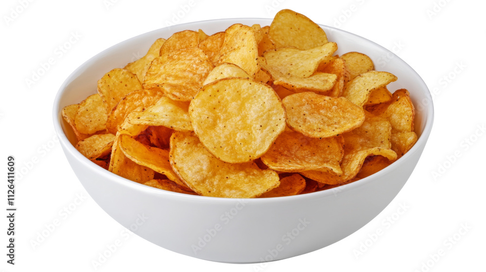 Crispy golden potato chips in a white bowl Crispy golden potato chips in a white bowl