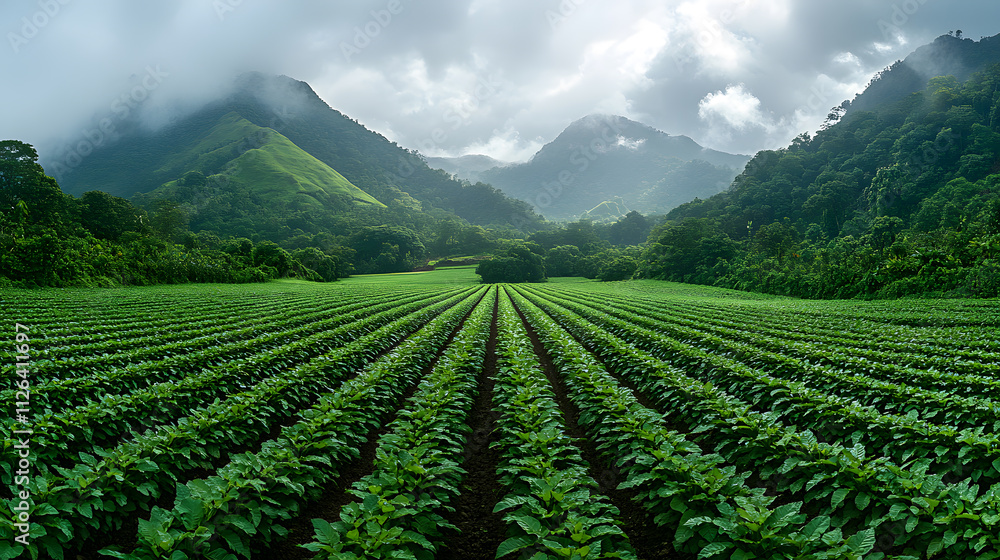 A panoramic photography of a cacao farm nestled in a valley, with the trees' vibrant green canopies contrasting against a misty mountain backdrop in the distance. A panoramic photography of a cacao farm nestled in a valley, with the trees' vibrant green canopies contrasting against a misty mountain backdrop in the distance.