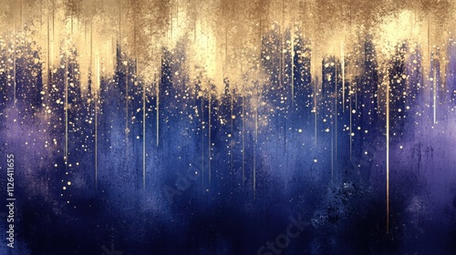 Abstract Gold and Blue Splatter Paint Art:  A Celestial Night Sky with Golden Drips and Shimmering Stardust