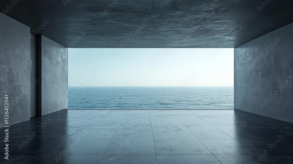 Minimalist architectural view of a modern space overlooking the ocean Minimalist architectural view of a modern space overlooking the ocean