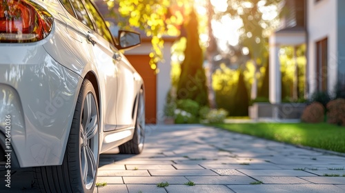 Stylish White Car Parked in Driveway Surrounded by Lush Garden