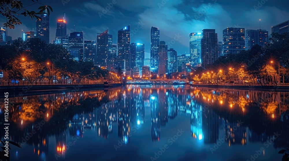 Glowing city skyline reflecting perfectly on a dark, still river. Glowing city skyline reflecting perfectly on a dark, still river.