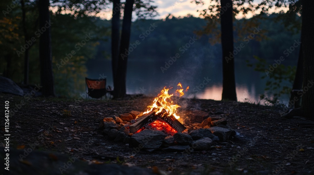 Campfire burning brightly at lakeside. Campfire burning brightly at lakeside.
