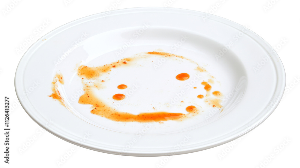 Dirty white plate with smeared sauce Dirty white plate with smeared sauce