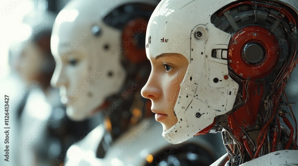 Fototapeta premium Close-up of humanoid robot faces in a futuristic setting