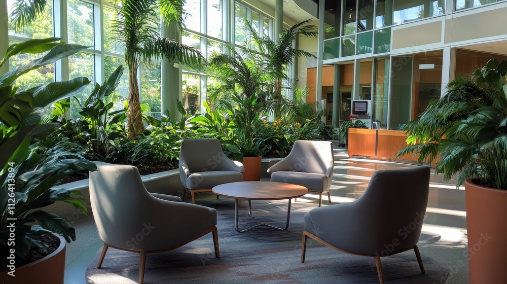 Sunlit lounge area; plants, chairs, table.