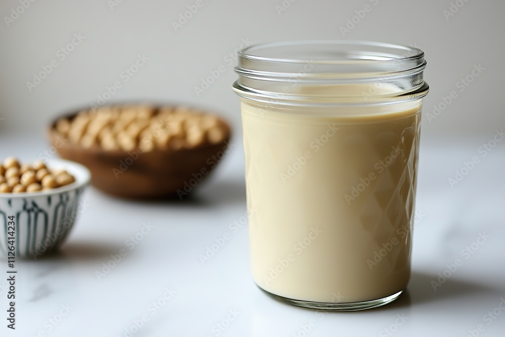 Glass of soy milk on table with soybeans in background