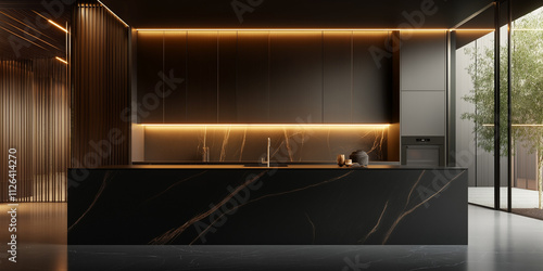 Luxury modern kitchen design with black marble countertops and warm lighting.