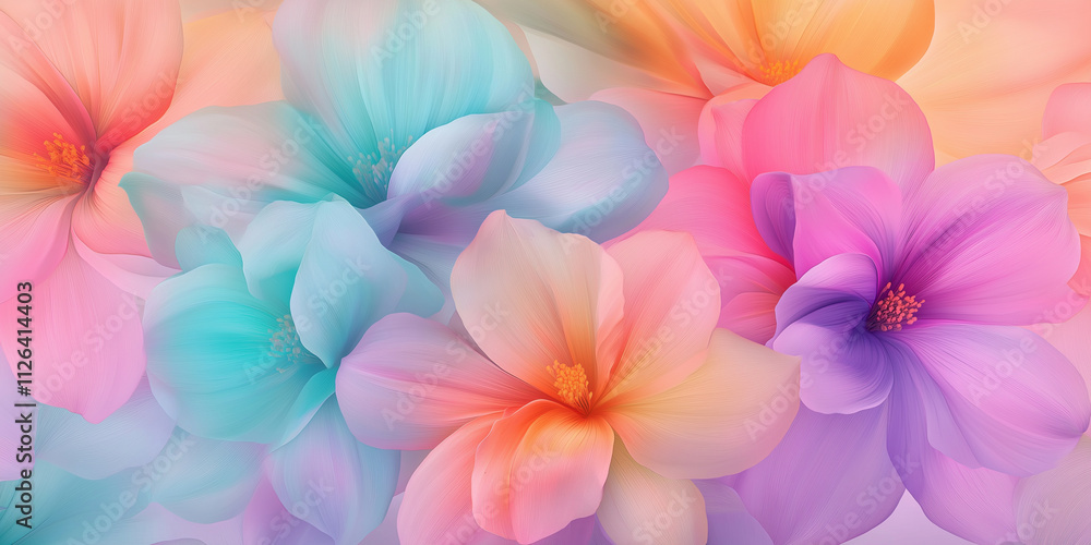 Colorful pastel flower background with vibrant petals in pink, blue, and orange tones.