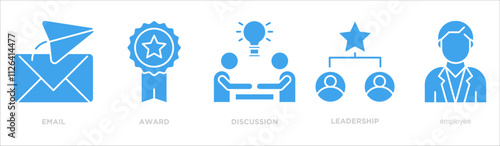 Public relations icon collection set. Containing design discussion,award,email,leadership,employee