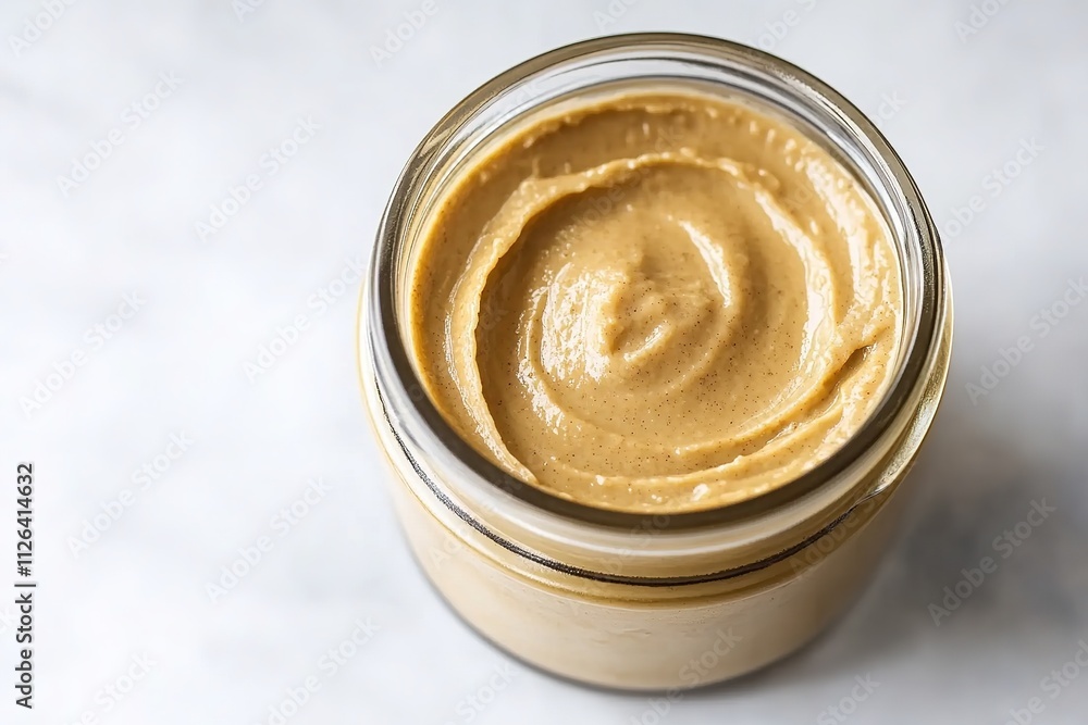 Creamy peanut butter in glass jar on marble surface Creamy peanut butter in glass jar on marble surface