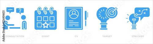 Public relations icon collection set. Containing design consultation,event,cv,target,strategy