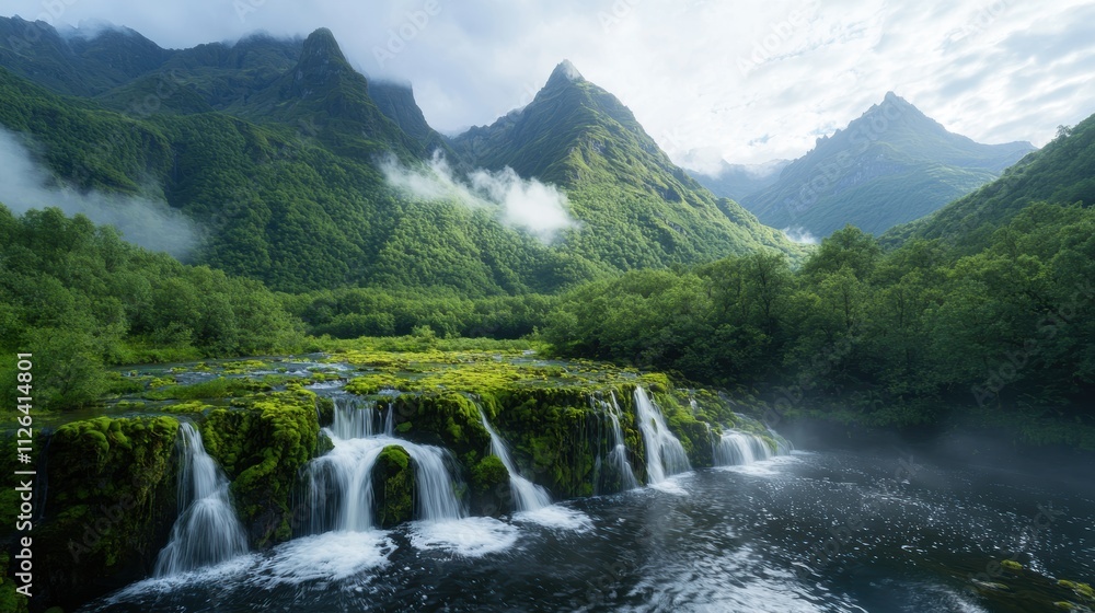 Fototapeta premium Lush Green Rainforest with Waterfall Flowing over Mossy Rocks in Tropical Jungle Paradise