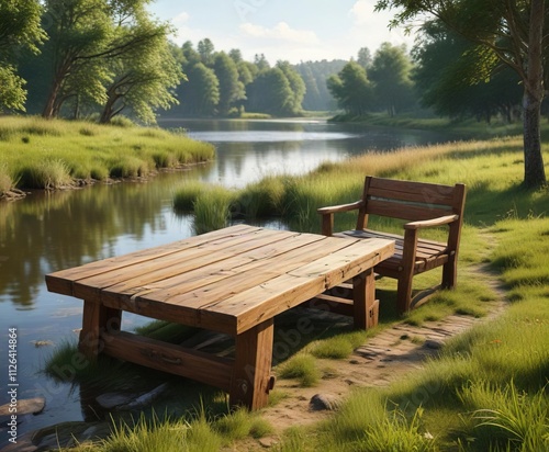 Rustic wooden furniture on grassy clearing by the river, outdoor relaxation, isolated bench, peaceful retreat, mellow setting, river view photo