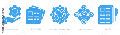 Public relations icon collection set. Containing design management,newspaper,global connection,social media,paper