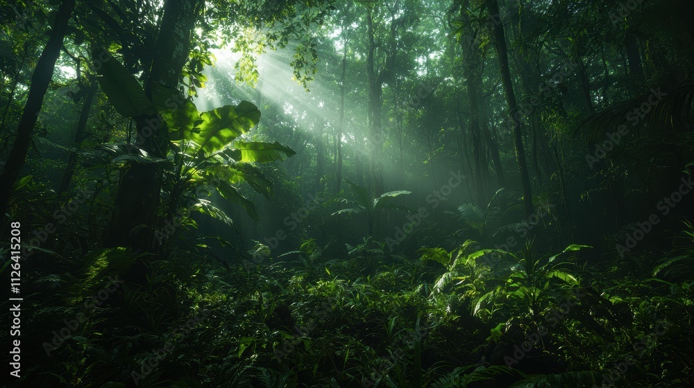 Obraz premium Pristine Rainforest Oasis with Cascading Waterfalls and Lush Greenery Amidst Misty Serenity