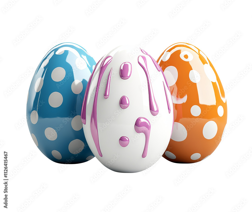 3D render of three Easter eggs with polka dots, splashes, and drips isolated on transparent background, png 3D render of three Easter eggs with polka dots, splashes, and drips isolated on transparent background, png