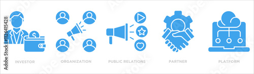 Public relations icon collection set. Containing design investor,organization,public relations,partner,platform