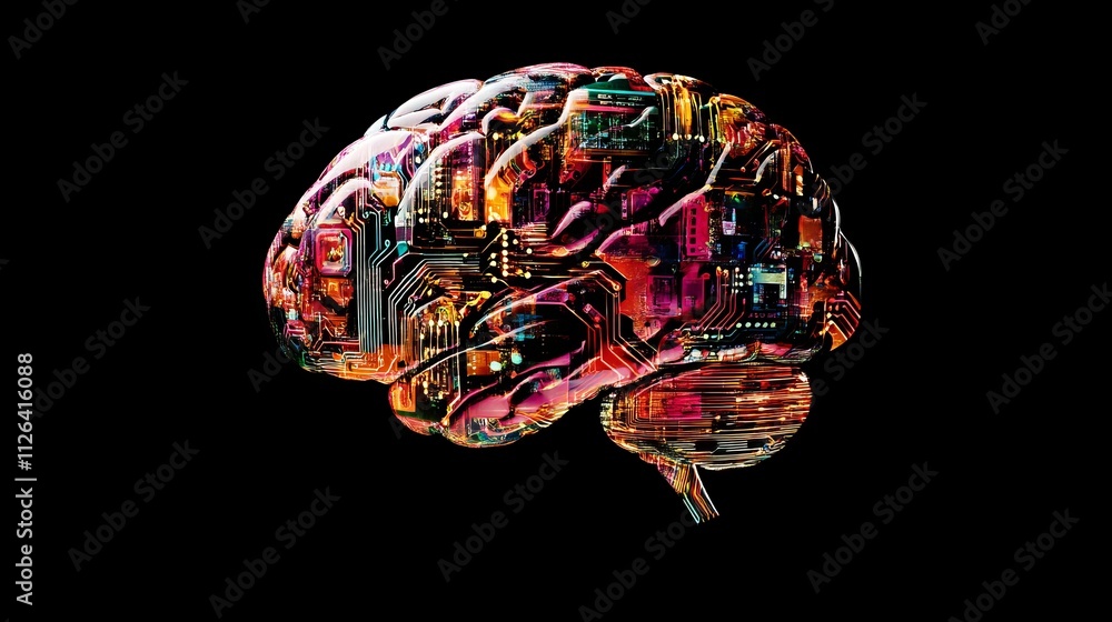 Fototapeta premium Futuristic neon brain, glowing circuitry, tech art, vibrant colors, digital fantasy, abstract technology, black background