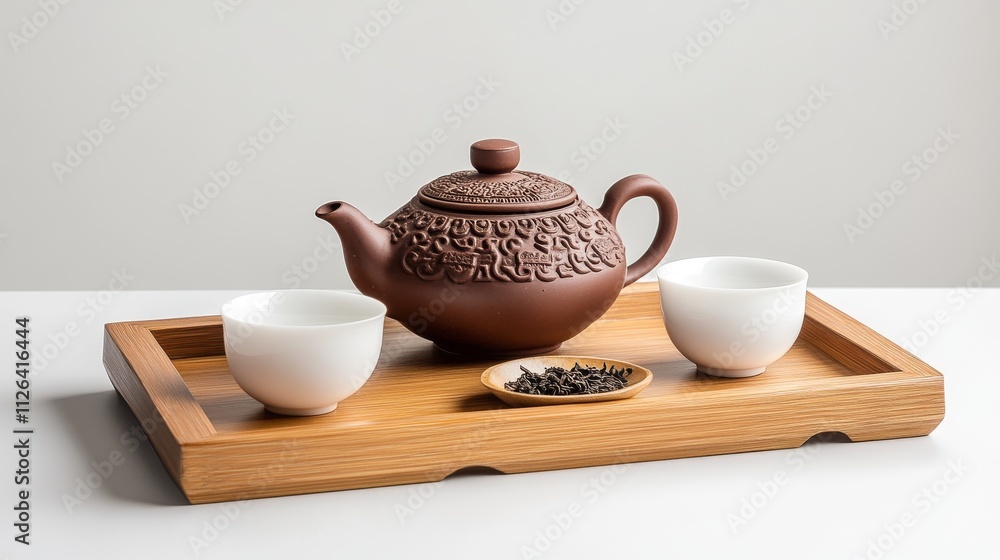 A calm Chinese tea set displayed on a wooden tray aga A calm Chinese tea set displayed on a wooden tray aga