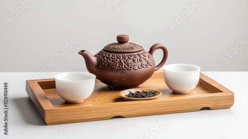 A calm Chinese tea set displayed on a wooden tray aga