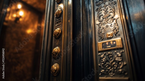 Black and gold elevator door with vintage ornamentation