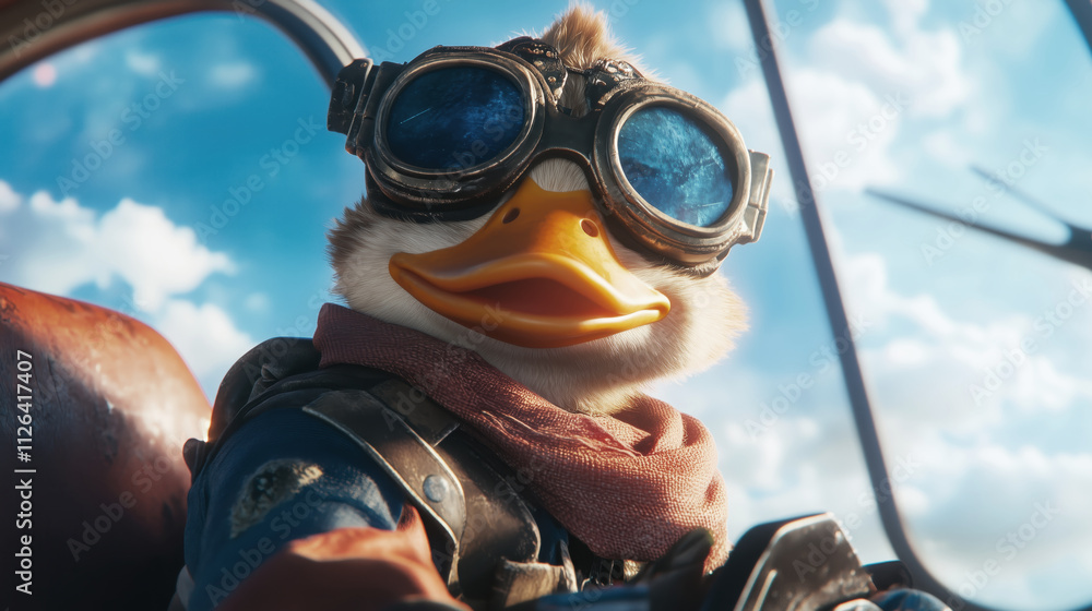 Fototapeta premium Adventurous animated duck pilot in vintage goggles